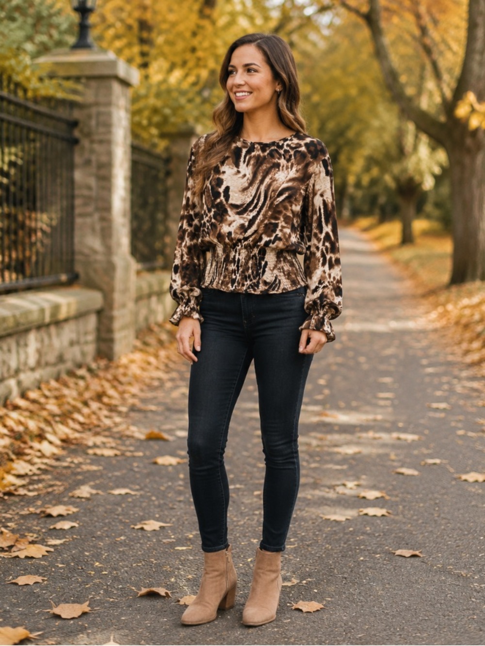 🎅 PrettyLittleThing Leopard Print Smocked Waist Blouse NWT Brown Cream NWT 3X